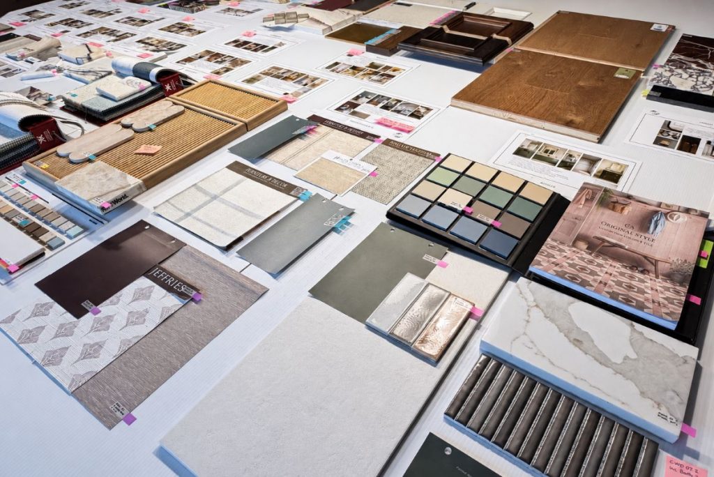 Interior design documents and material selections planned before a renovation begins.